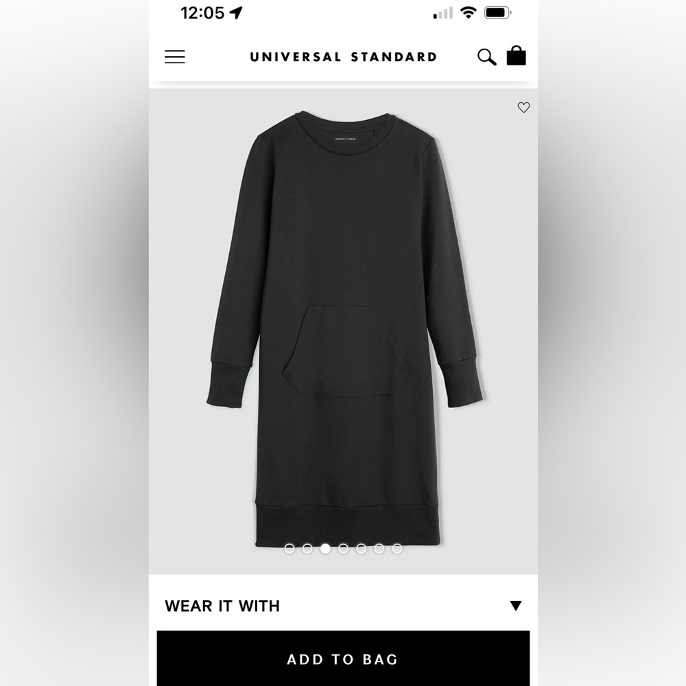 Universal Standard light terry dress in black w/front kangaroo pocket; sz 2xs/6
